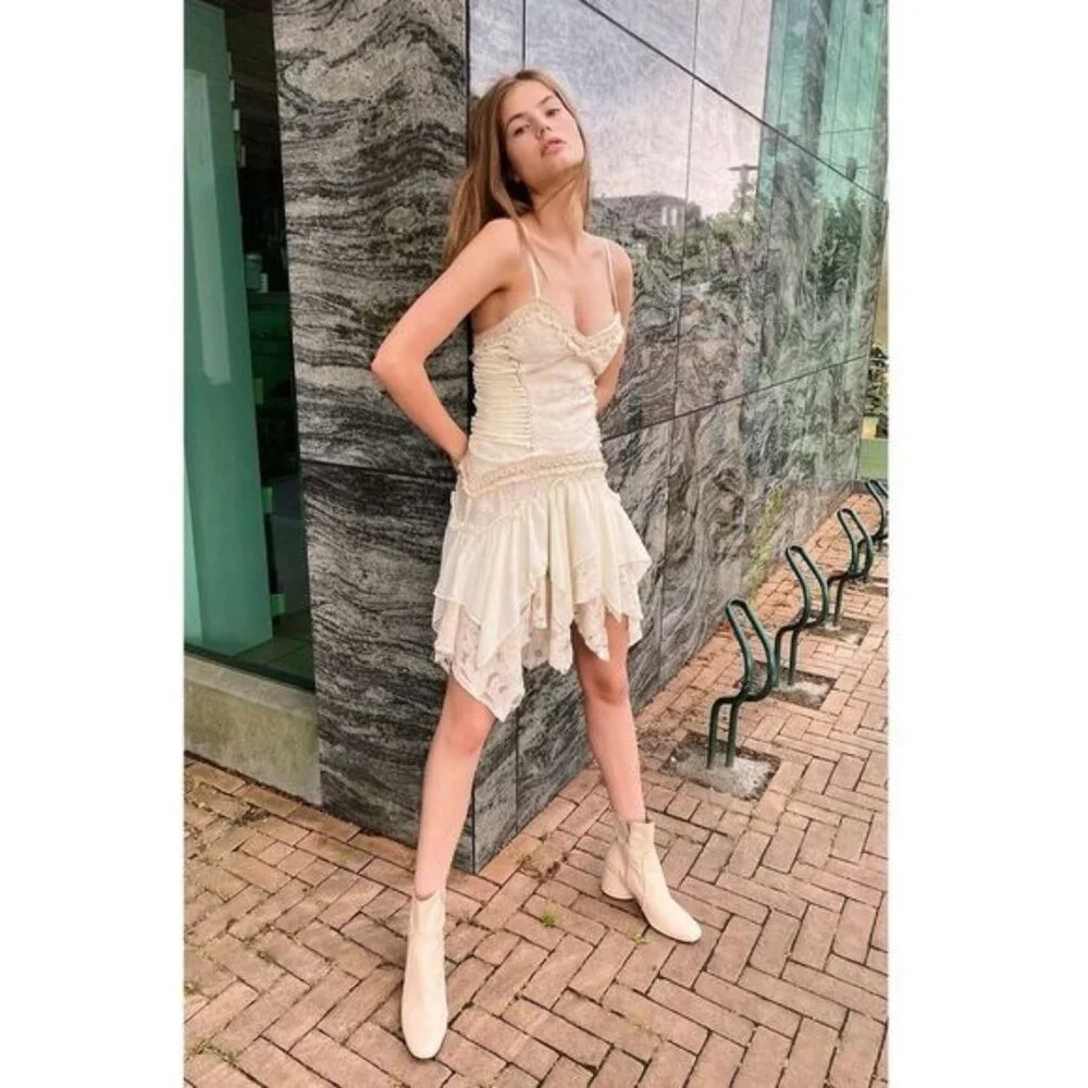 NWT Free People Ixiah Liminal Ivory Lace Ruffle Mini Dress | Grunge Fairycore 6 - Picture 2 of 16